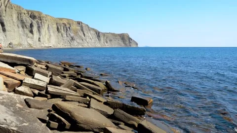 The beach is made of natural stone slabs. Beautiful landscape in  Crimea. Stock Footage 161011222