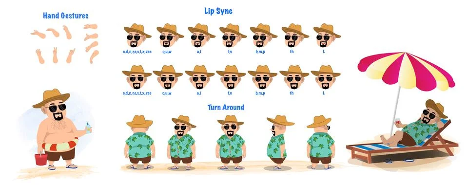 Beach man character model sheet. Beach character creation set. Stock Illustration