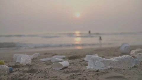 Beach in the morning with ocean garbage scene Stock Footage 237459731