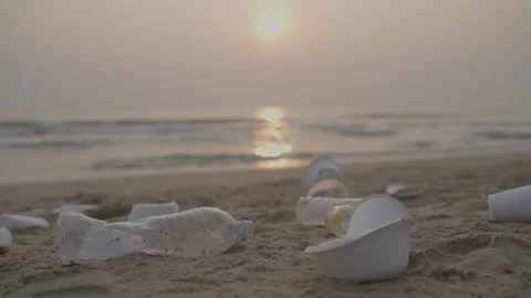 Beach in the morning with ocean garbage scene Stock Footage 237459738