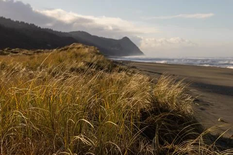 A beach with a mountain in the background Stock Photos