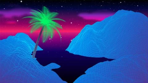 Beach with mountains at night with synthwave or retrowave old 80s computer game Stock Illustration