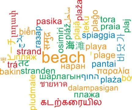 Beach multilanguage wordcloud background concept Stock Illustration