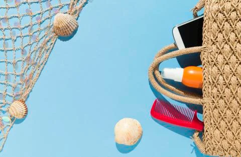 Beach objects on blue background. Stock Photos