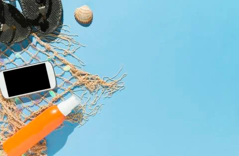 Beach objects on blue background. Stock Photos