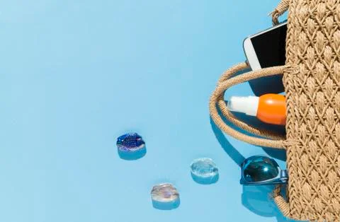 Beach objects on blue background. Stock Photos