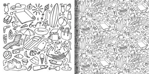 Beach objects hand drawn doodle set and seamless pattern Stock Illustration