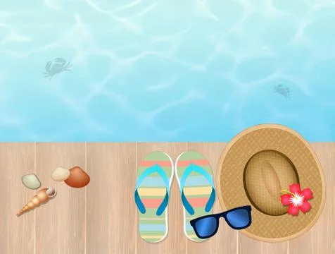 Beach objects on pier in summer Illustrazione stock