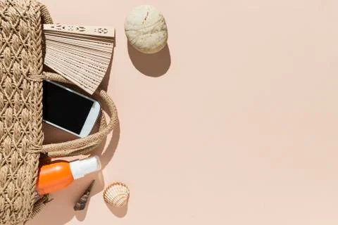 Beach objects on pink background. Stock Photos