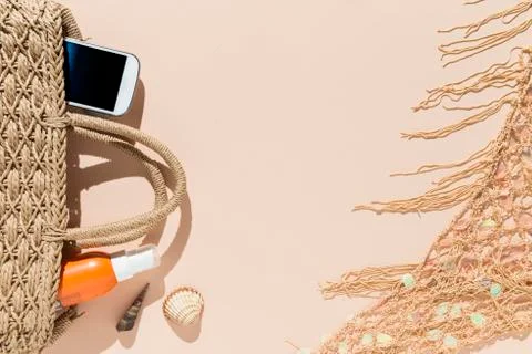 Beach objects on pink background. Stock Photos