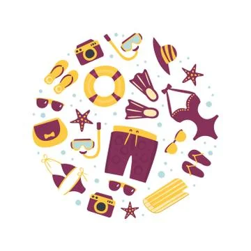 Beach Objects of Round Shape Seamless Pattern, Summer Travel Accessories Vector Stock Illustration