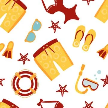 Beach Objects Seamless Pattern, Summer Travel Accessories Design Element Can Be イラスト素材