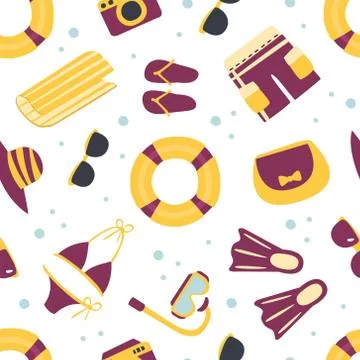 Beach Objects Seamless Pattern, Summer Vacation Accessories Design Element Can Stock Illustration