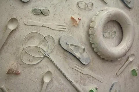 Beach objects on the wall in white. Abstract background Stock Photos