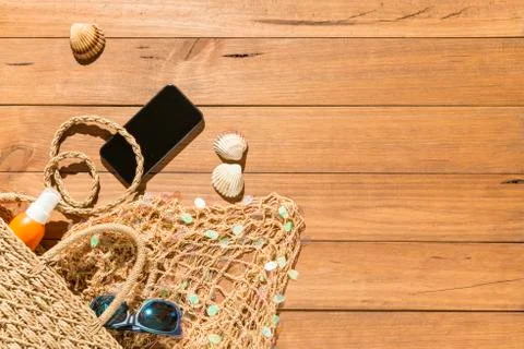 Beach objects on wooden boards. Stock Photos