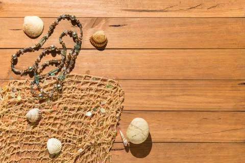 Beach objects on wooden boards. Stock Photos