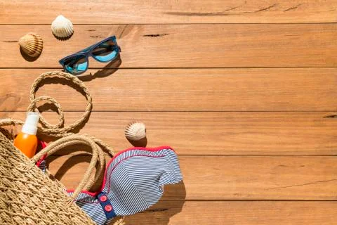 Beach objects on wooden boards. Stock Photos