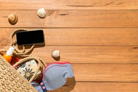 Beach objects on wooden boards. Stock Photos