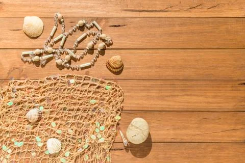 Beach objects on wooden boards. Stock Photos