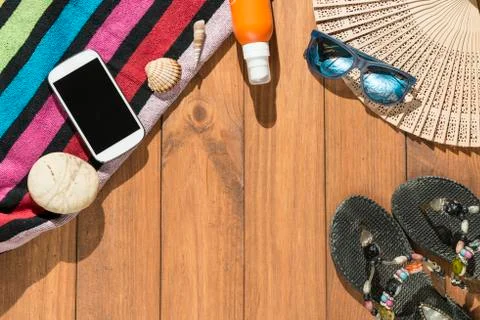 Beach objects on wooden boards. Stock Photos