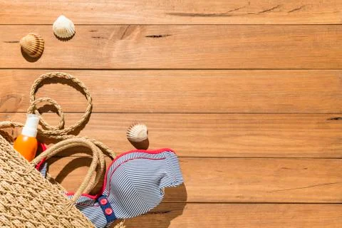 Beach objects on wooden boards. Stock Photos