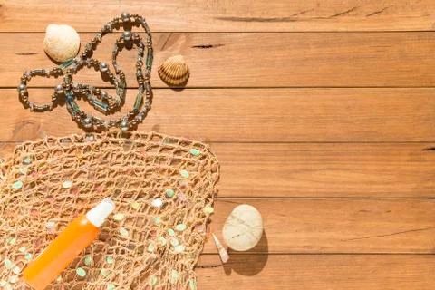 Beach objects on wooden boards. Stock Photos