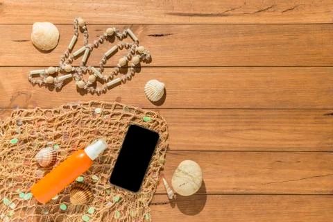 Beach objects on wooden boards. Stock Photos