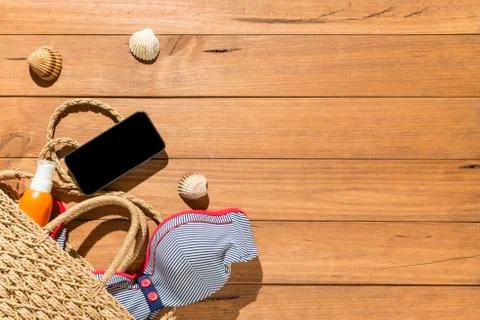 Beach objects on wooden boards. Stock Photos