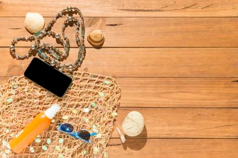 Beach objects on wooden boards. Stock Photos