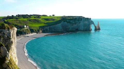 Beach, ocean and cliffs, Etretat, Normandy, France Stock Footage 84798116