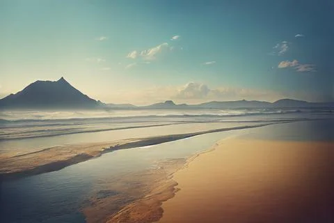 Beach with a ocean and mountains in the background Stock Illustration