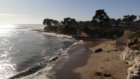 Beach with Ocean Waves, Town in Horizon, California, Aerial Tilt Up View Stock Footage 145448197