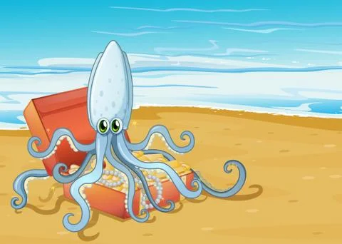 A beach with an octopus inside the treasure box Stock Illustration