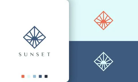 Beach or ocean logo with simple and modern sun shape Stock Illustration