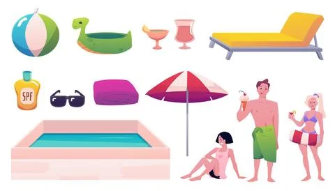 Beach or pool resort objects vector flat set, umbrella, sunbed, inflatable toys 스톡 일러스트