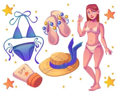 Beach or pool vacation essentials and woman Stock Illustration