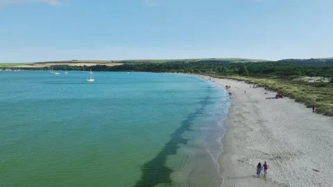 Beach over Studland and Godlingston Heath National Nature Reserve from a drone Video stock 280545396