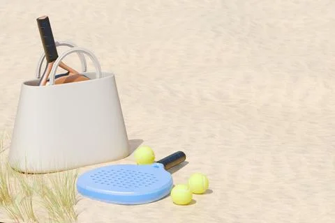 Beach paddle ball set with rackets, balls, and a bag on sandy shore. Illustrazione stock