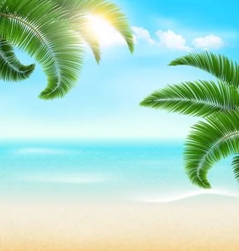 Beach with palm branches and clouds. Summer vacation background 스톡 일러스트