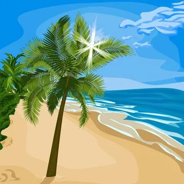 Beach palm sun rays through leaves Stock Illustration