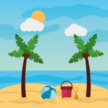 Beach palm tree ball bucket and shovel sand sunny landscape Stock-Illustration