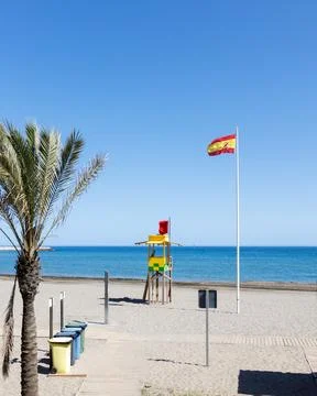 Beach with a palm tree in the foreground. Clear blue sky, deep sea, ocean Stock Photos
