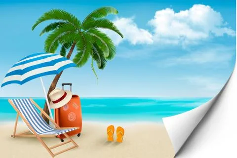 Beach with palm trees and beach chair. summer vacation concept background. ve Stock Illustration