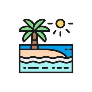 Beach with palm trees landscape flat color line icon. Stock Illustration