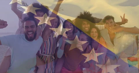 At beach party, group of friends dancing with star pattern animation overlay Stock Footage 305205531