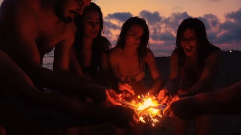 Beach Party at night lighting Sparkles:Summer, Happiness, Joy Stock Footage