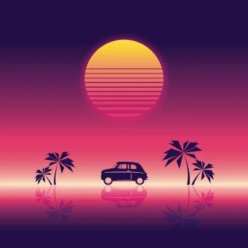 Beach party poster vector illustration template with sunset and palm trees and Stock Illustration