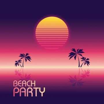 Beach party poster vector template in retro 80s neon glowing style with palm Stock Illustration