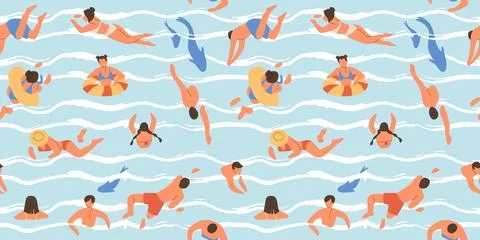 Beach pattern. Summer swim sea, swimmer people in pool or ocean. Hand drawn Stock Illustration