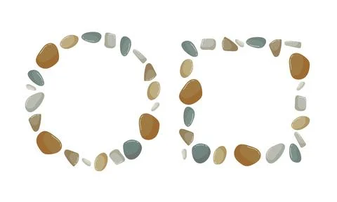 Beach pebbles frame set. Square and round frame with Various shapes different Stock-Illustration